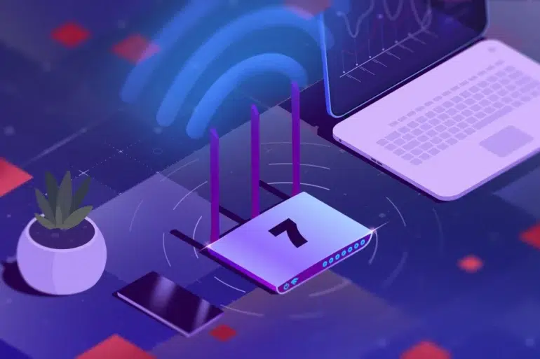 Isometric illustration of a WiFi router, laptop, smartphone, and potted plant on a futuristic blue grid.