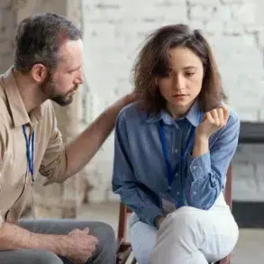 A man places a comforting hand on a distressed woman's shoulder during a group therapy session.
