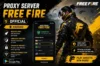 Advertisement for Free Fire proxy server on Android, showcasing a game character in a black and yellow jacket. Features include reducing ping, unblocking servers, enhancing privacy, and ensuring a stable connection. An app interface showing server choices is displayed, with slogans like "100% safe, no ban risk" and "Play smooth, win more!"