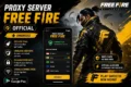 Advertisement for Free Fire proxy server on Android, showcasing a game character in a black and yellow jacket. Features include reducing ping, unblocking servers, enhancing privacy, and ensuring a stable connection. An app interface showing server choices is displayed, with slogans like "100% safe, no ban risk" and "Play smooth, win more!"