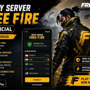 Advertisement for Free Fire proxy server on Android, showcasing a game character in a black and yellow jacket. Features include reducing ping, unblocking servers, enhancing privacy, and ensuring a stable connection. An app interface showing server choices is displayed, with slogans like "100% safe, no ban risk" and "Play smooth, win more!"
