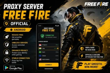 Advertisement for Free Fire proxy server on Android, showcasing a game character in a black and yellow jacket. Features include reducing ping, unblocking servers, enhancing privacy, and ensuring a stable connection. An app interface showing server choices is displayed, with slogans like "100% safe, no ban risk" and "Play smooth, win more!"