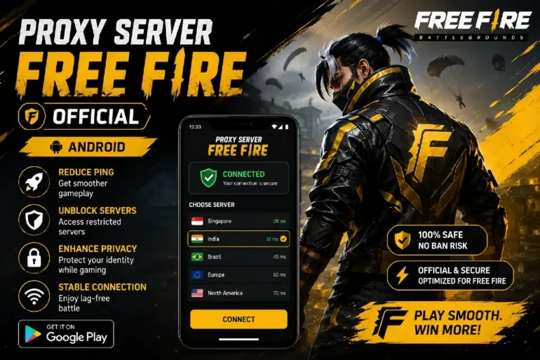 Advertisement for Free Fire proxy server on Android, showcasing a game character in a black and yellow jacket. Features include reducing ping, unblocking servers, enhancing privacy, and ensuring a stable connection. An app interface showing server choices is displayed, with slogans like "100% safe, no ban risk" and "Play smooth, win more!"