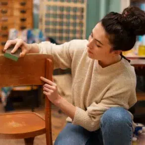 Woman in a cozy sweater refurbishes a wooden chair with a sanding sponge in a workshop. The setting is warm and creative, suggesting a DIY project.