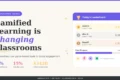 Infographic titled "Gamified Learning is Changing Classrooms" showing statistics on student preference, retention boost, EdTech market, and a leaderboard with student progress.