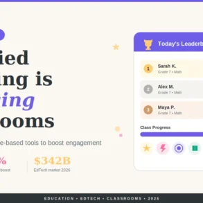 Infographic titled "Gamified Learning is Changing Classrooms" showing statistics on student preference, retention boost, EdTech market, and a leaderboard with student progress.