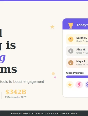Infographic titled "Gamified Learning is Changing Classrooms" showing statistics on student preference, retention boost, EdTech market, and a leaderboard with student progress.