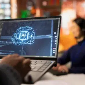A person's hands are on a laptop displaying a glowing blue brain with "AI" in the center, as another person in the background wears a headset.