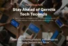 A blurred meeting room scene with people using laptops and tablets. Overlay text: "Stay Ahead of Georgia Tech Trends" by Peach State Tech, highlighting Georgia's digital economy.