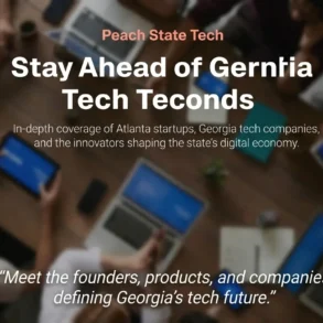 A blurred meeting room scene with people using laptops and tablets. Overlay text: "Stay Ahead of Georgia Tech Trends" by Peach State Tech, highlighting Georgia's digital economy.