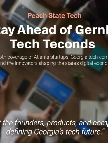 A blurred meeting room scene with people using laptops and tablets. Overlay text: "Stay Ahead of Georgia Tech Trends" by Peach State Tech, highlighting Georgia's digital economy.
