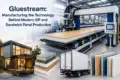 Machine in factory producing SIP panels, with an overlay showing a modern building, insulated panels, and a truck. Text highlights technology focus.