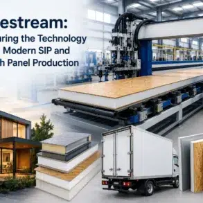 Machine in factory producing SIP panels, with an overlay showing a modern building, insulated panels, and a truck. Text highlights technology focus.