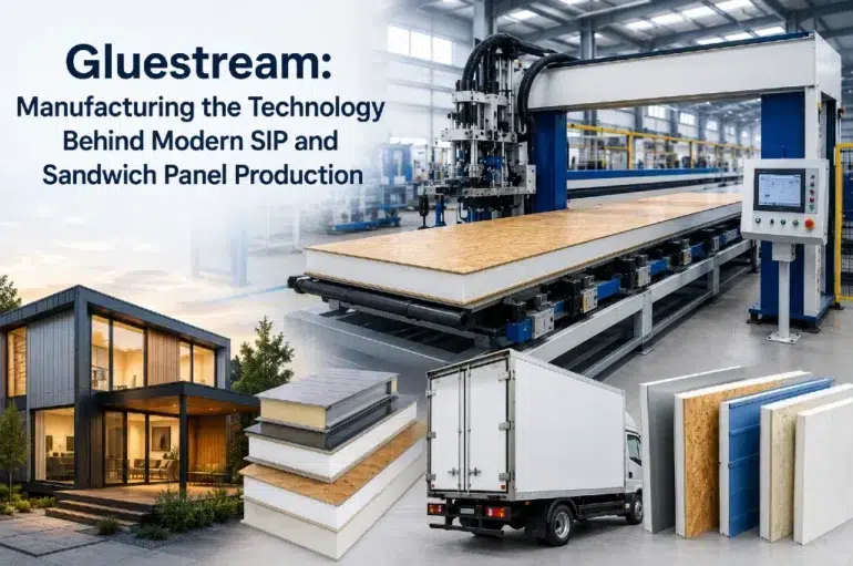 Machine in factory producing SIP panels, with an overlay showing a modern building, insulated panels, and a truck. Text highlights technology focus.
