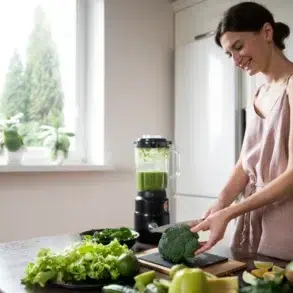 Woman preparing fresh broccoli in a bright kitchen with various fruits and vegetables and a blender with green smoothie on the counter.