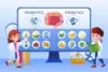 Cartoon scientists explaining probiotics and prebiotics on a screen with food examples and gut illustration in a lab setting.