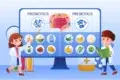 Cartoon scientists explaining probiotics and prebiotics on a screen with food examples and gut illustration in a lab setting.