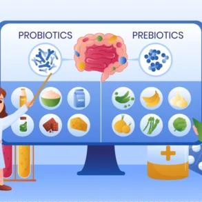 Cartoon scientists explaining probiotics and prebiotics on a screen with food examples and gut illustration in a lab setting.