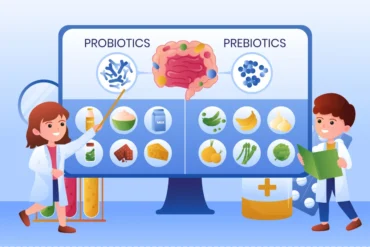 Cartoon scientists explaining probiotics and prebiotics on a screen with food examples and gut illustration in a lab setting.