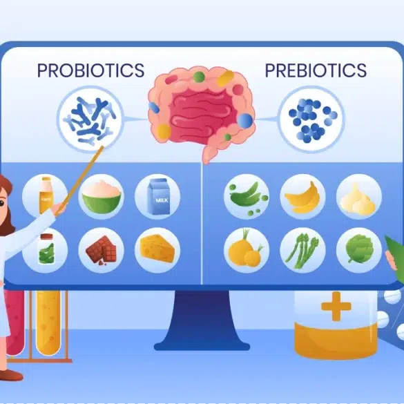 Cartoon scientists explaining probiotics and prebiotics on a screen with food examples and gut illustration in a lab setting.