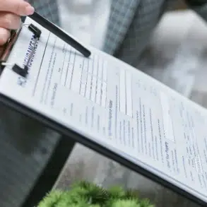 A person holding a clipboard with documents, showcasing a professional setting and paperwork for review or signing.
