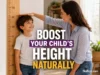A smiling boy stands against a height chart while a woman measures him, conveying warmth and encouragement. Text: "Boost Your Child's Height Naturally."