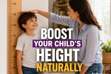 A smiling boy stands against a height chart while a woman measures him, conveying warmth and encouragement. Text: "Boost Your Child's Height Naturally."