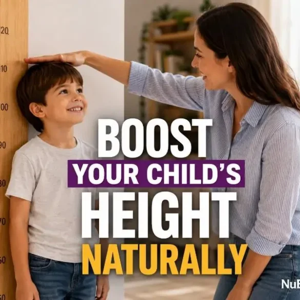 A smiling boy stands against a height chart while a woman measures him, conveying warmth and encouragement. Text: "Boost Your Child's Height Naturally."