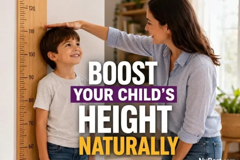 A smiling boy stands against a height chart while a woman measures him, conveying warmth and encouragement. Text: "Boost Your Child's Height Naturally."