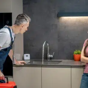 A plumber in overalls, carrying a red toolbox, discusses with a woman in a kitchen. She looks concerned, gesturing towards the sink. Modern setting, tense mood.