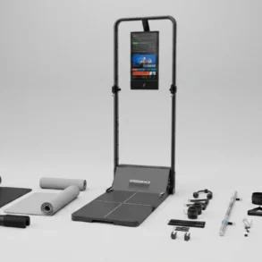 Foldable treadmill with built-in screen, accompanied by various fitness accessories and mats arranged on a plain surface.