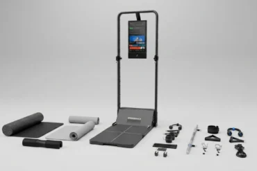 Foldable treadmill with built-in screen, accompanied by various fitness accessories and mats arranged on a plain surface.