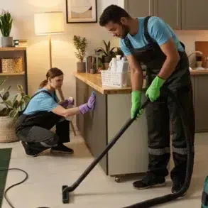 Two people in blue shirts and overalls clean a modern kitchen. One vacuums the floor with green gloves, while the other wipes a cabinet, surrounded by plants.