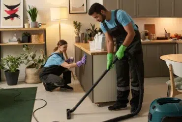 Two people in blue shirts and overalls clean a modern kitchen. One vacuums the floor with green gloves, while the other wipes a cabinet, surrounded by plants.