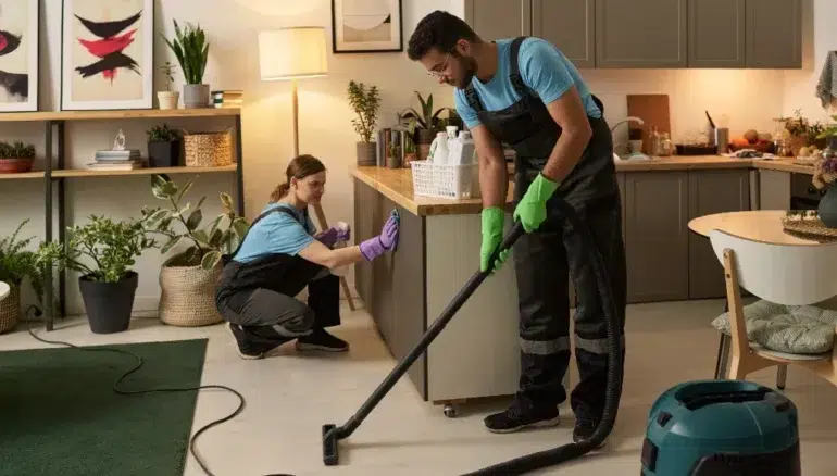 Two people in blue shirts and overalls clean a modern kitchen. One vacuums the floor with green gloves, while the other wipes a cabinet, surrounded by plants.