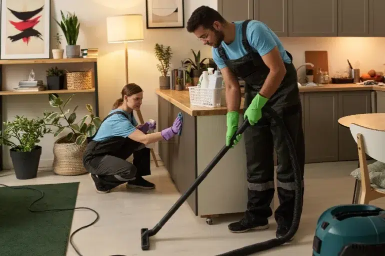 Two people in blue shirts and overalls clean a modern kitchen. One vacuums the floor with green gloves, while the other wipes a cabinet, surrounded by plants.