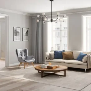 A bright, modern living room with a cream sofa, blue and beige pillows, and a wooden coffee table. Large windows, grey curtains, and green plants add a fresh touch.