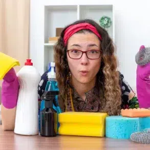 Woman in glasses and a red headband holding cleaning supplies, including a yellow cloth and steel wool.