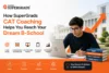 Young man studying at a laptop, surrounded by books labeled CAT topics. Text promotes SuperGrads’ CAT coaching for B-School success. Icons highlight key features.