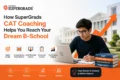 Young man studying at a laptop, surrounded by books labeled CAT topics. Text promotes SuperGrads’ CAT coaching for B-School success. Icons highlight key features.
