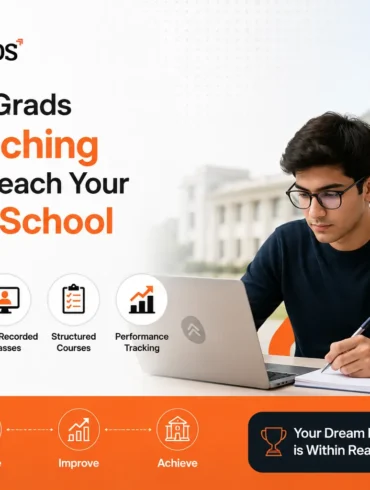 Young man studying at a laptop, surrounded by books labeled CAT topics. Text promotes SuperGrads’ CAT coaching for B-School success. Icons highlight key features.
