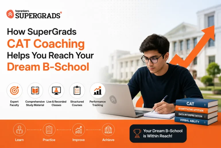 Young man studying at a laptop, surrounded by books labeled CAT topics. Text promotes SuperGrads’ CAT coaching for B-School success. Icons highlight key features.