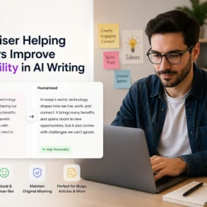 Man with a laptop, text overlays highlight improved readability from AI to humanized writing. Sticky notes on the wall, warm and focused atmosphere.
