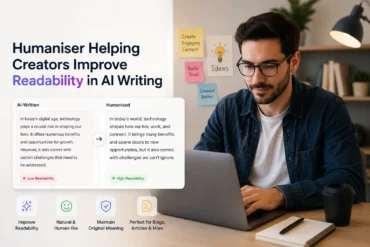 Man with a laptop, text overlays highlight improved readability from AI to humanized writing. Sticky notes on the wall, warm and focused atmosphere.