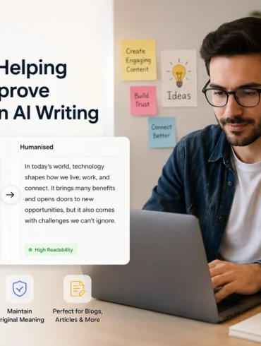 Man with a laptop, text overlays highlight improved readability from AI to humanized writing. Sticky notes on the wall, warm and focused atmosphere.