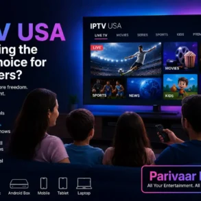 A family watches IPTV USA on a large TV, showcasing categories like Sports and Movies. Text highlights benefits: 15,000+ live channels, device compatibility.