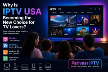 A family watches IPTV USA on a large TV, showcasing categories like Sports and Movies. Text highlights benefits: 15,000+ live channels, device compatibility.