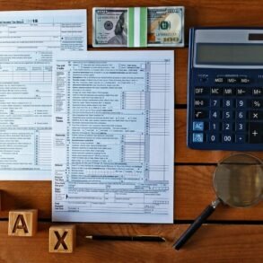 Tax documents, calculator, magnifying glass, and $100 bills on a wooden table. Wooden blocks spell "TAX," suggesting financial calculation.