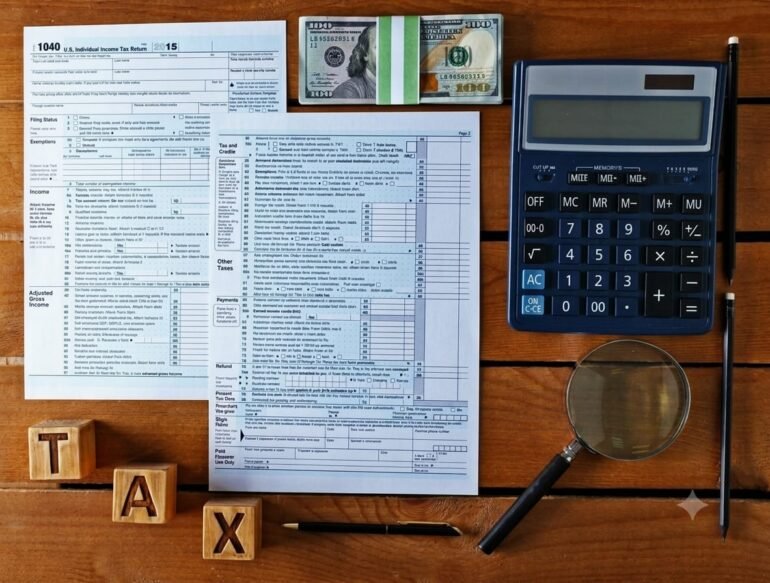 Tax documents, calculator, magnifying glass, and $100 bills on a wooden table. Wooden blocks spell "TAX," suggesting financial calculation.
