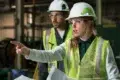 Two construction workers in hard hats and vests. The woman points decisively while holding papers, conveying focus and teamwork in a construction setting.